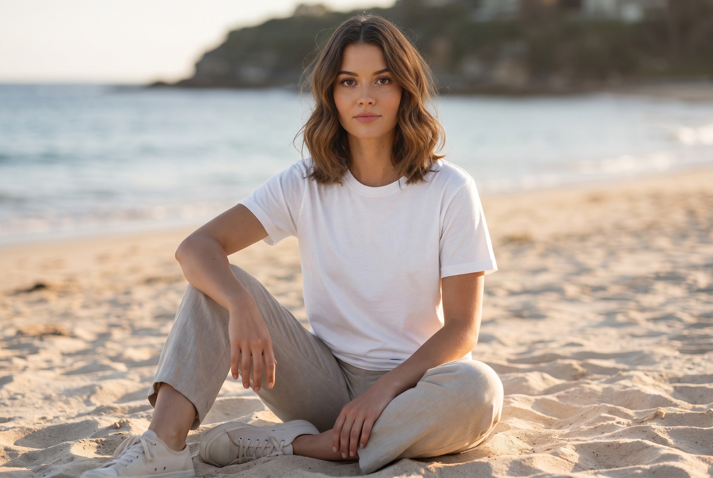 The organic staple tee in white on a model, sitting on a Sydney beach at golden hour