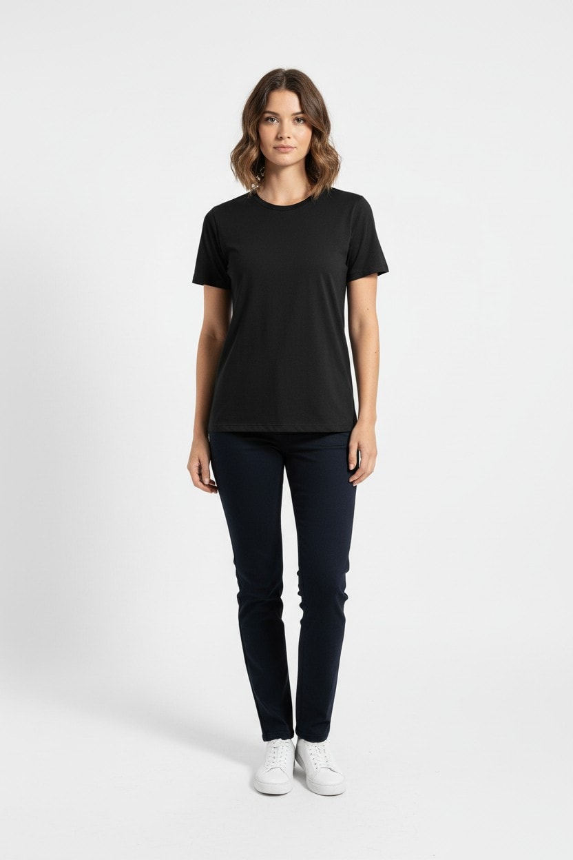 Organic staple tee in black on a model